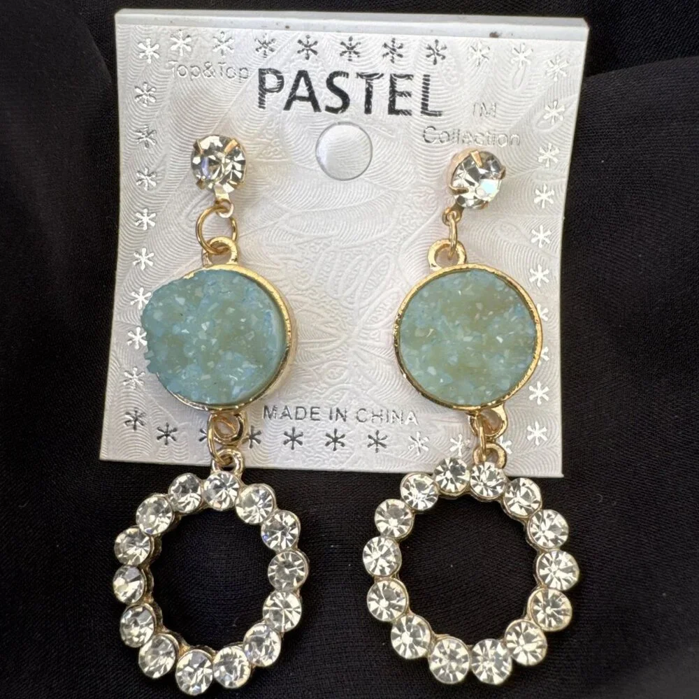 Pastel Faux Blue Green Stone Crystal Gold Rhinestone Earrings Dangle Drop NEW